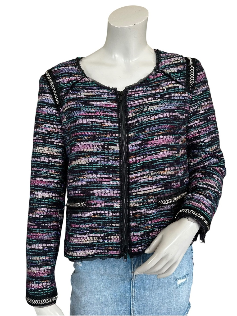 Milly Multicolor Metallic Rainbow Black Chain Trim Tweed Zip Up Jacket Size 8